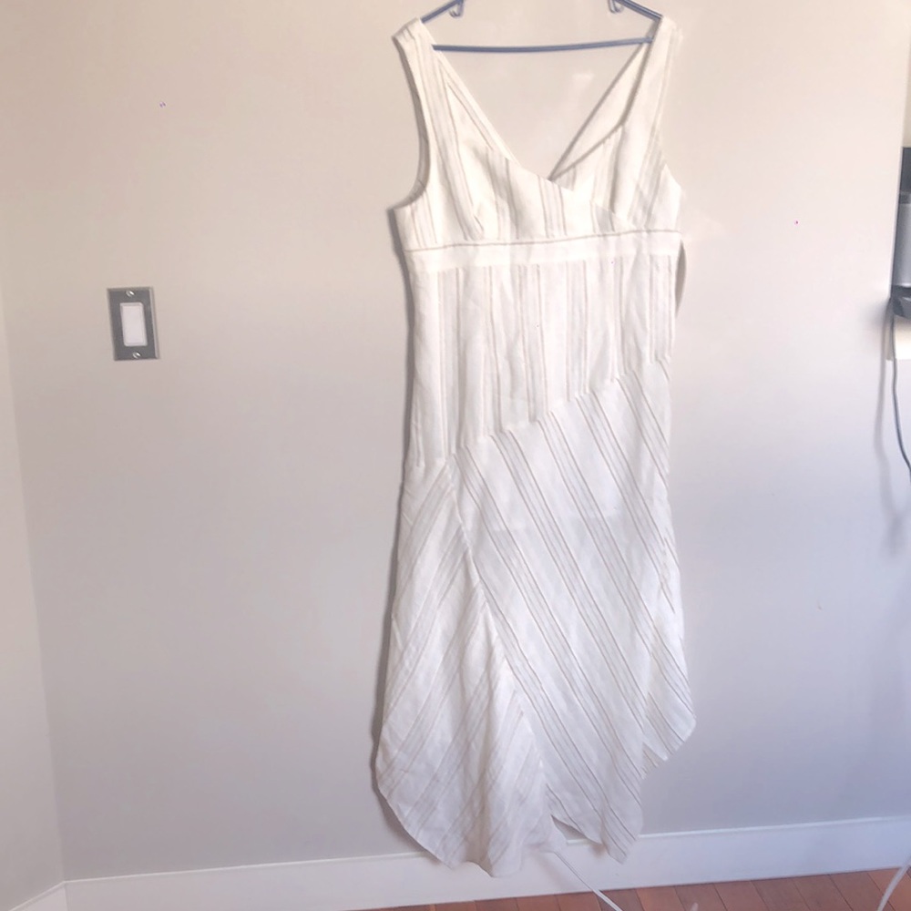 NWT linen dress with metallic bias stripes.